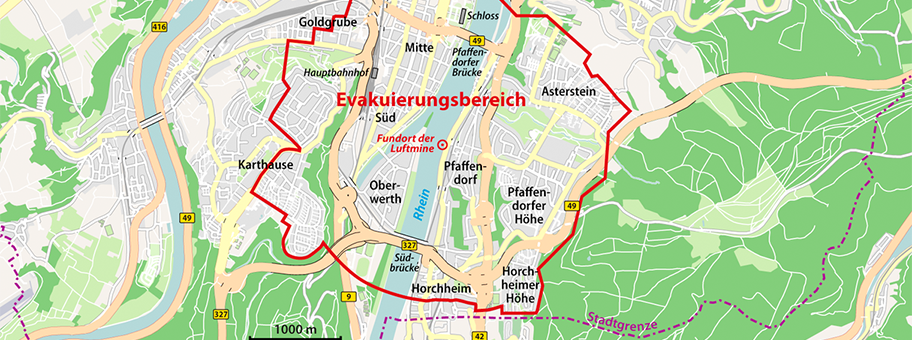 Evakuierungsbereich in Koblenz zur Entschärfung von Fliegerbomben.