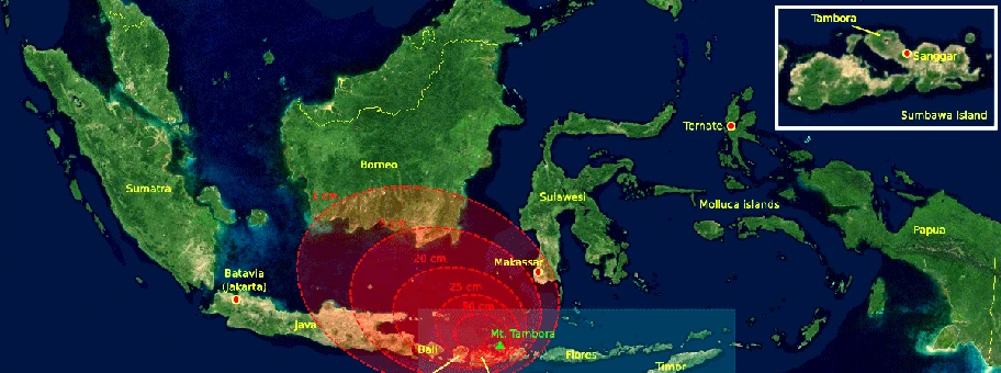 Der Ausbruch des Vulkans Tamora im heutigen Indonesien im Jahr 1815. Die roten Bereiche zeigen die Menge der Vulkanasche.
