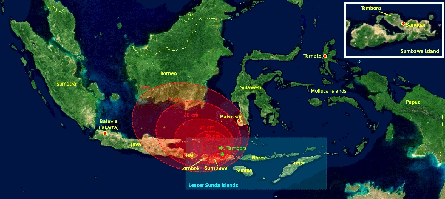 Der Ausbruch des Vulkans Tamora im heutigen Indonesien im Jahr 1815. Die roten Bereiche zeigen die Menge der Vulkanasche.