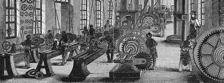 „Die Montirungswerkstatt in der Maschinenbauanstalt von Maffei in Hirschau bei München“ (um 1849).