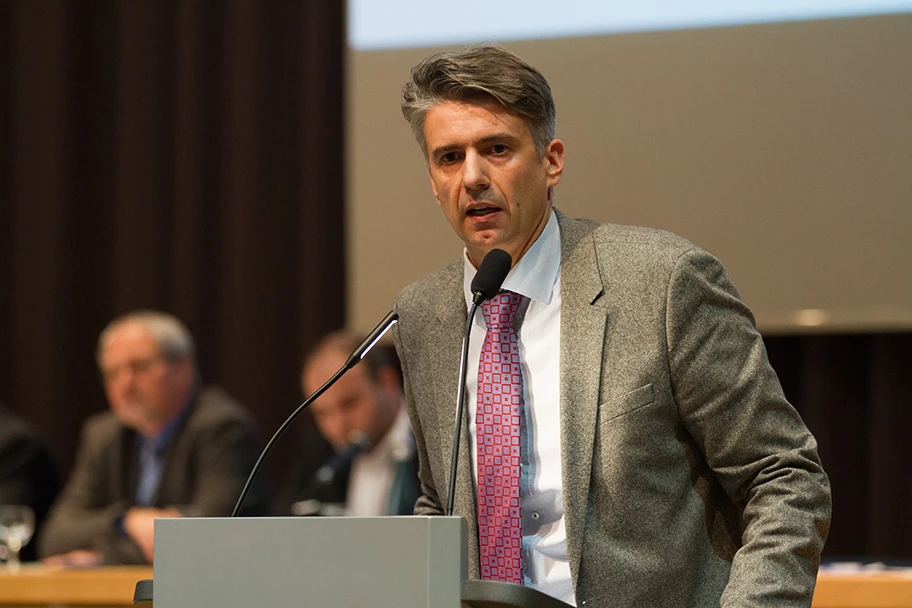 Der AfD-Ideologe Marc Jongen am 6. Landesparteitag der AfD Baden-Württemberg in der Badnerlandhalle in Karlsruhe, Januar 2015.