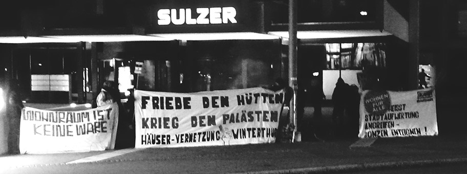 Kundgebung am 1. Feburar 2023 in Winterthur vor dem Sulzer-Hochhaus.