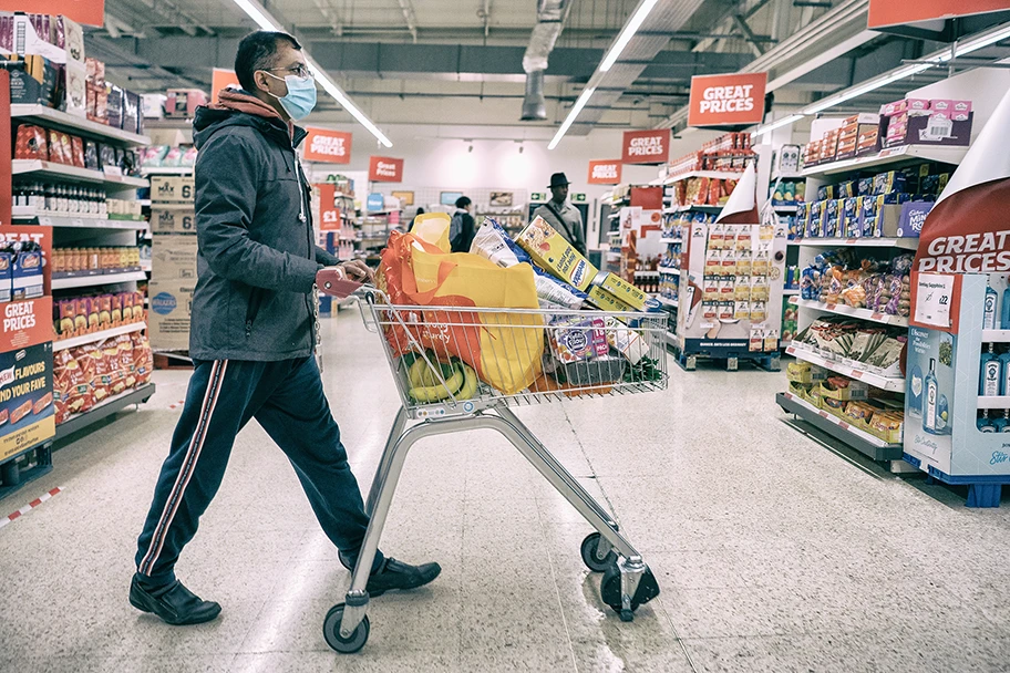 Supermarkt in London während der Corona-Pandemie, April 2020.