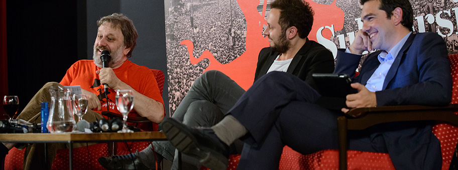 Der slowenische Philosoph Slavoj Žižek (links im Bild), hier am Subversive Festival in Zagreb mit Alexis Tsipras.