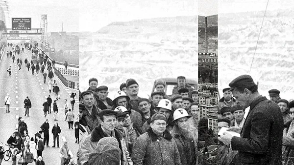 Vielschichtige Collage. Proteste in der Nähe von Belgrad im Jahr 2021 gegen Rio Tinto in Serbien und dessen Pläne zum Abbau von Jadar; Streik der Arbeiter*innen in der Bor-Mine im Jahr 1969; Siedlungen in Bor und die Bor-Mine in Ostserbien.