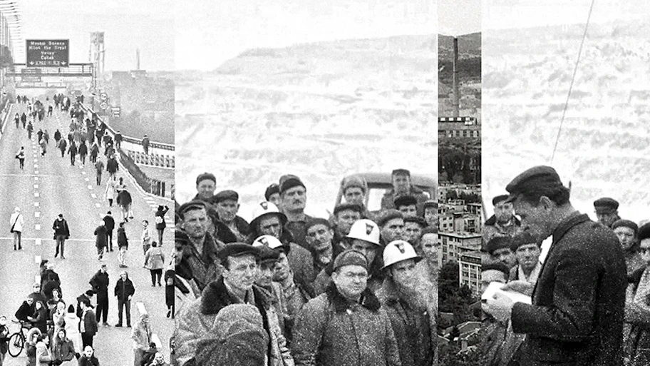 Vielschichtige Collage. Proteste in der Nähe von Belgrad im Jahr 2021 gegen Rio Tinto in Serbien und dessen Pläne zum Abbau von Jadar; Streik der Arbeiter*innen in der Bor-Mine im Jahr 1969; Siedlungen in Bor und die Bor-Mine in Ostserbien.