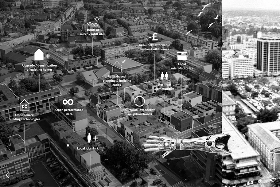 Mehrschichtige Collage - Illustration einer Open Source City und Wikihouse mit einer Luftaufnahme einer Stadt in Europa; Luftaufnahme von Nairobi; Vogelschwarm, der von einer Stadt zur anderen fliegt; Handprothese, die von einer Stadt zur anderen reicht.