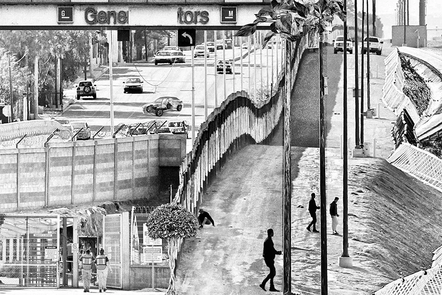 Mehrschichtige Collage: Werksschild von General Motors Oshawa, Ontario und Grenzbefestigungen zwischen Mexiko und den USA.