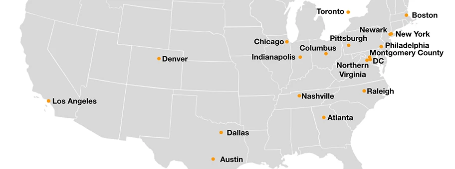 Die verbleibenden 20 US-Städte (inkl. Miami), welche sich für die neue Amazon-Zentrale (Amazon HQ2) bewerben, Februar 2018.