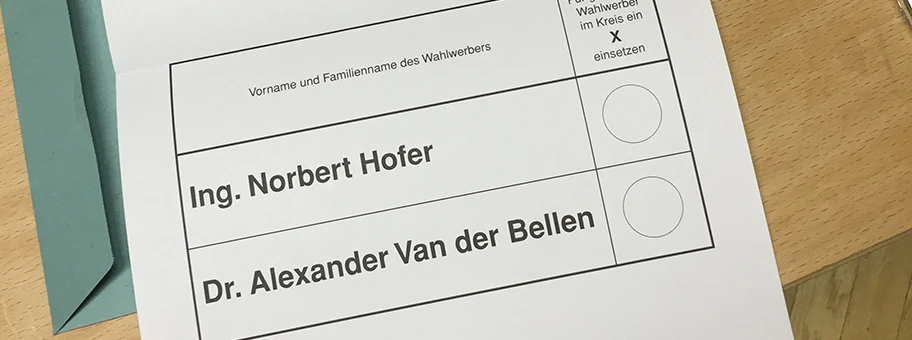 Amtlicher Stimmzettel Stichwahl Bundespräsidentenwahl 2016 in Österreich.