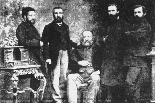 Gruppenfoto am IWA Kongress in Basel, 1869. Monchal, Charles Perron, Mikhail Bakunin, Giuseppe Fanelli and Valerian Mroczkovsky.