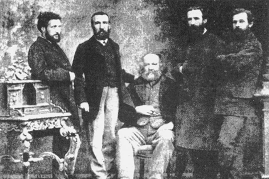 Gruppenfoto am IWA Kongress in Basel, 1869. Monchal, Charles Perron, Mikhail Bakunin, Giuseppe Fanelli and Valerian Mroczkovsky.