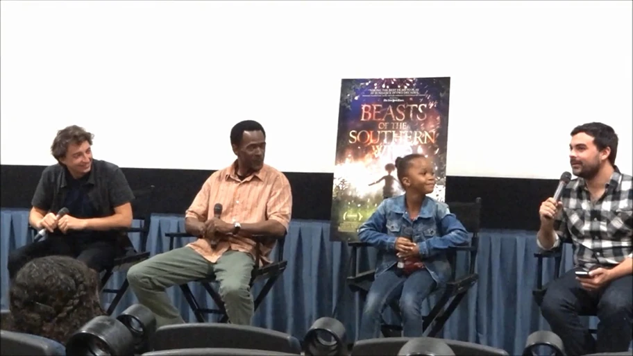 Filmregisseur Benh Zeitlin mit Quvenzhané Wallis und Dwight Henry bei der Präsentation des Filmes