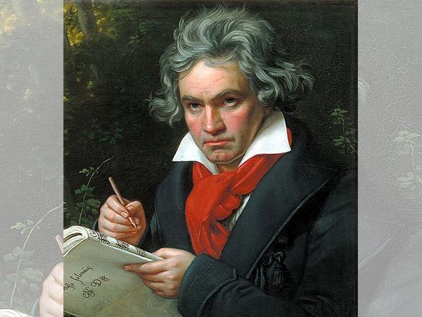 Portrait Beethovens mit der Partitur zur Missa Solemnis.