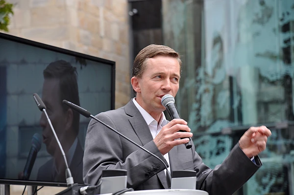 Bernd Lucke, Sprecher der Alternative für Deutschland (AfD) bei einer Wahlveranstaltung am 09.2013 in Dortmund.