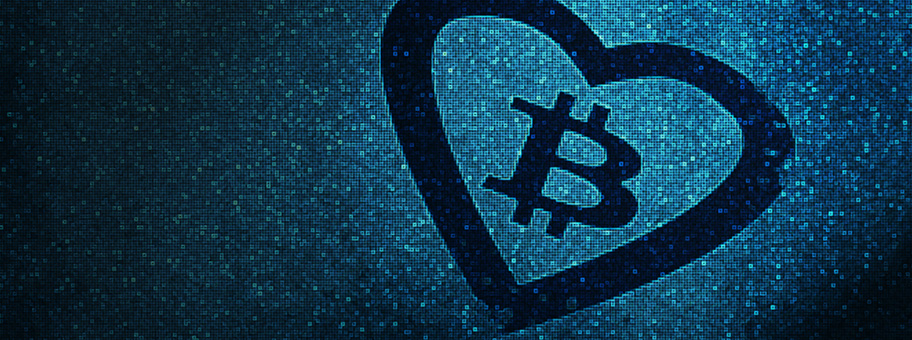 Herz und Bitcoin Symbol auf blauem Hintergrund.