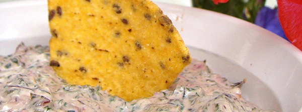 Tortilla Chip mit Mangold-Sauce.