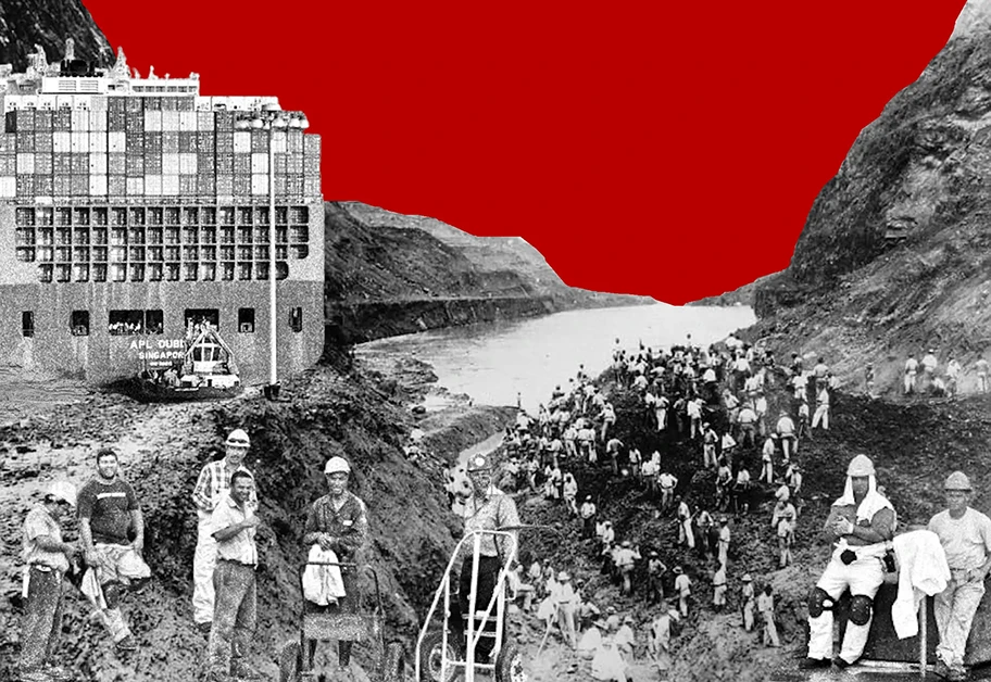 Arbeiter an der Baustelle des Panamakanals (um 1900) bei der Beseitigung eines Erdrutsches, was neben Überschwemmungen und Krankheiten damals die größten Probleme darstellte; ein zeitgenössisches Frachtschiff und Hafenarbeiter im Panamakanal.
