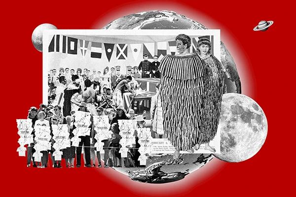 Der Planet Erde ist mit einem Gemälde von Marcus King bedeckt, das die Unterzeichnung des Vertrags von Waitangi (Māori: Te Tiriti o Waitangi) rekonstruiert. Dieser Vertrag ist auch als Te Tiriti bekannt. Einer der Unterzeichner*innen ist Hōne Heke vom Stamm der Ngāpuhi mit seiner Frau Hariata. Demonstrant*innen fordern die Einhaltung der pluralistischen Ziele des Vertrags.