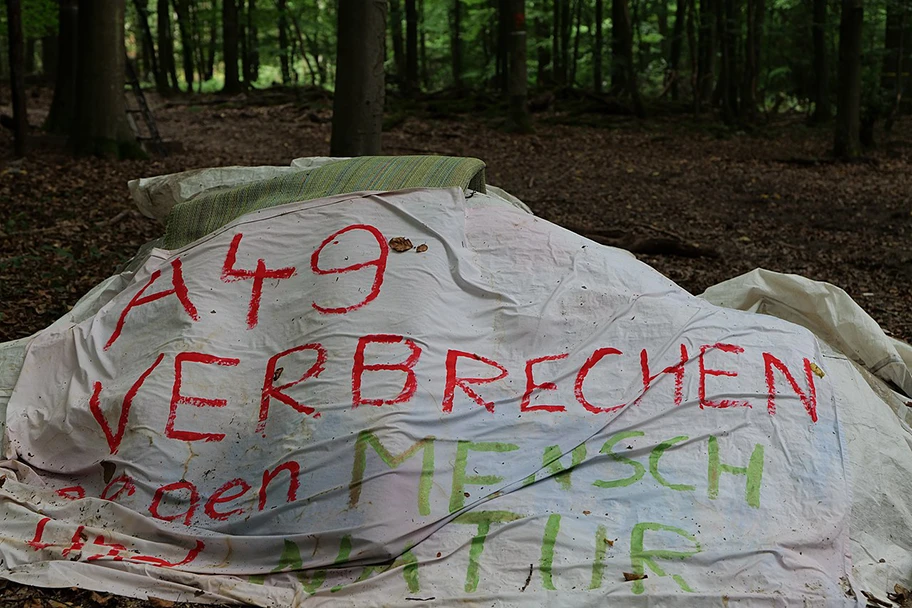 Besetzung des Dannenröder Forsts bei Marburg mit Baumhäusern als Protest gegen den Bau der A49 durch den Wald, August 2020.