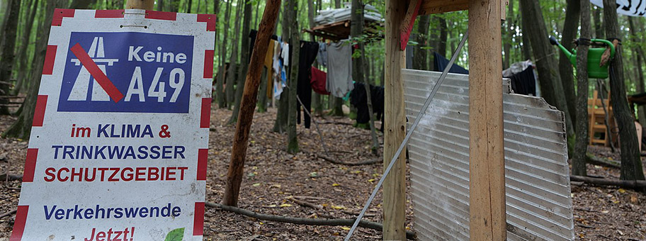 Besetzung des Dannenröder Forsts bei Marburg mit Baumhäusern als Protest gegen den Bau der A49 durch den Wald, August 2020.
