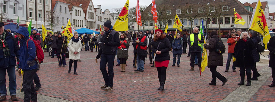 Rund 130 Menschen nahmen im Januar 2016 die Pannenserie in den belgischen AKW Thiange und Doel zum Anlass, in Lingen gegen die dortige Brennelemente Fabrik zu demonstrieren.
