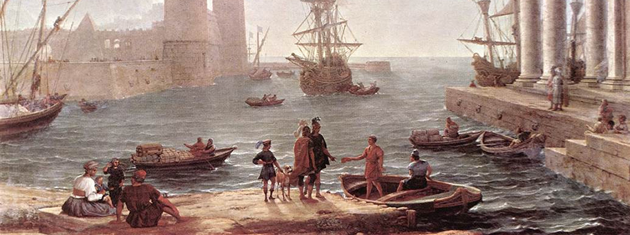 Hafenszene mit Odysseus vor seiner Abfahrt.
