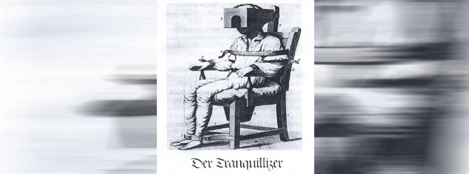 Zwangsstuhl, wie er um 1824 in psychiatrischen Anstalten gebräuchlich war.