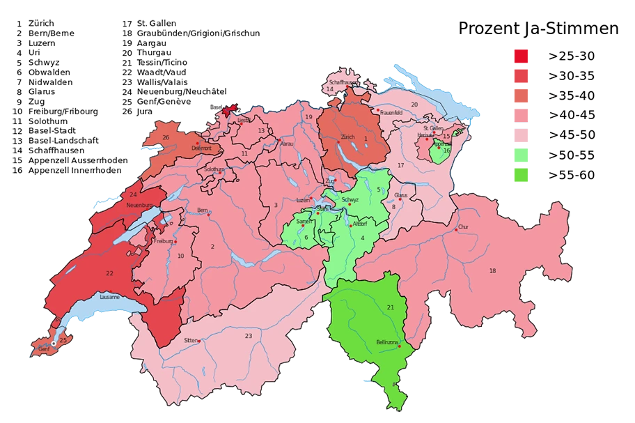 Ergebnis der Eidgenössischen Volksinitiative «Zur Durchsetzung der Ausschaffung krimineller Ausländer (Durchsetzungsinitiative)» vom 28. Februar 2016 nach Kantonen.