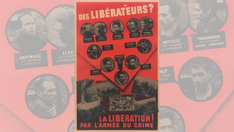 Das Propagandaposter „Affiche rouge“ mit den Widerstanskämpfern der FTP-MOI, veröffentlicht 1944 von der nationalsozialistischen und französischen Polizei.