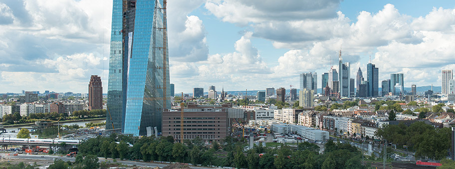 EZB-Campus mit dem Doppelturm und der Grossmarkthalle im Vordergrund.
