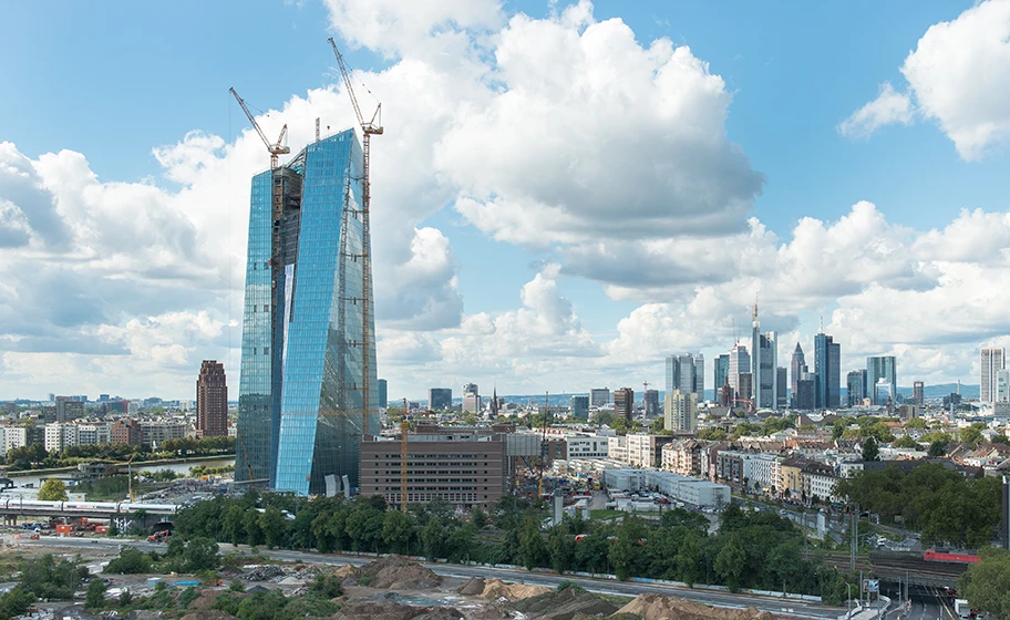 EZB-Campus mit dem Doppelturm und der Grossmarkthalle im Vordergrund.