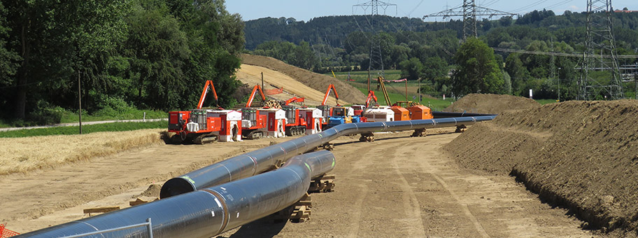 Gas Pipeline Forchheim–Finsing, Bauarbeiten bei Zolling, Juli 2018.