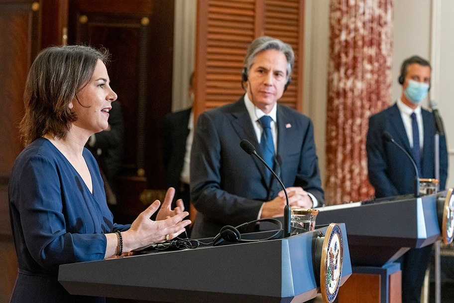 Annalena Baerbock bei einer virtuellen Pressekonferenz in Washington, Januar 2022.