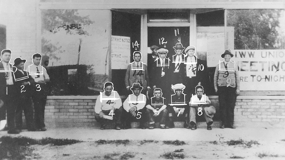 1910, USA. 1. Nick Mavroganis; 2. Frank Mendas; 3. A. S. Embree; 4. Alberto Martinez; 5. Tom Garcia; 6. Nenesio Adillo; 7. John Maes; 8. unnamed; 9. Paul A. Sidler; 10. John Mariega; 11. A. K. Payne; 12. Gumersindo Ruiz; 13. Walter Chatterbock; and 14. Jose Villa.