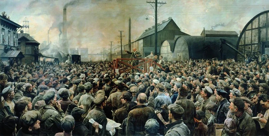 Lenin auf dem Areal der Putilov-Fabrik in Petrograd, Mai 1917.