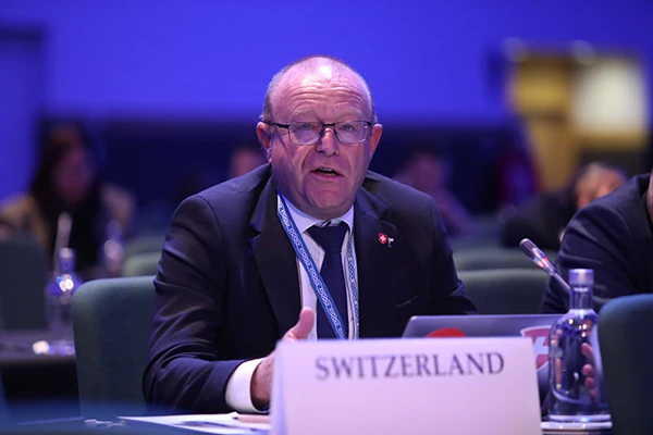 Der neue Zentralpräsident des Schweizerischen Gewerkschaftsbunds Jean-Luc Addor an einem OSCE-Treffen in Dublin, 3. Oktober 2026.