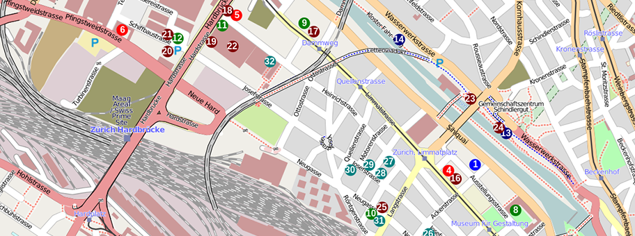 Ausgewählte Orte auf der Karte in der Gegend des Quartierhaus Kreis 5, Zürich.