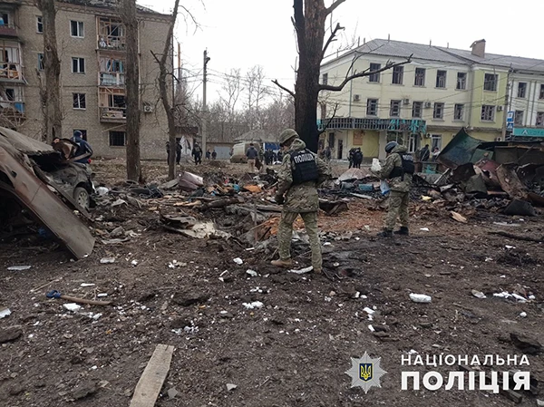 Die Stadt Kostjantyniwka (in der Region Donetsk) nach einem russischen Bombardment am 28. Januar 2023.