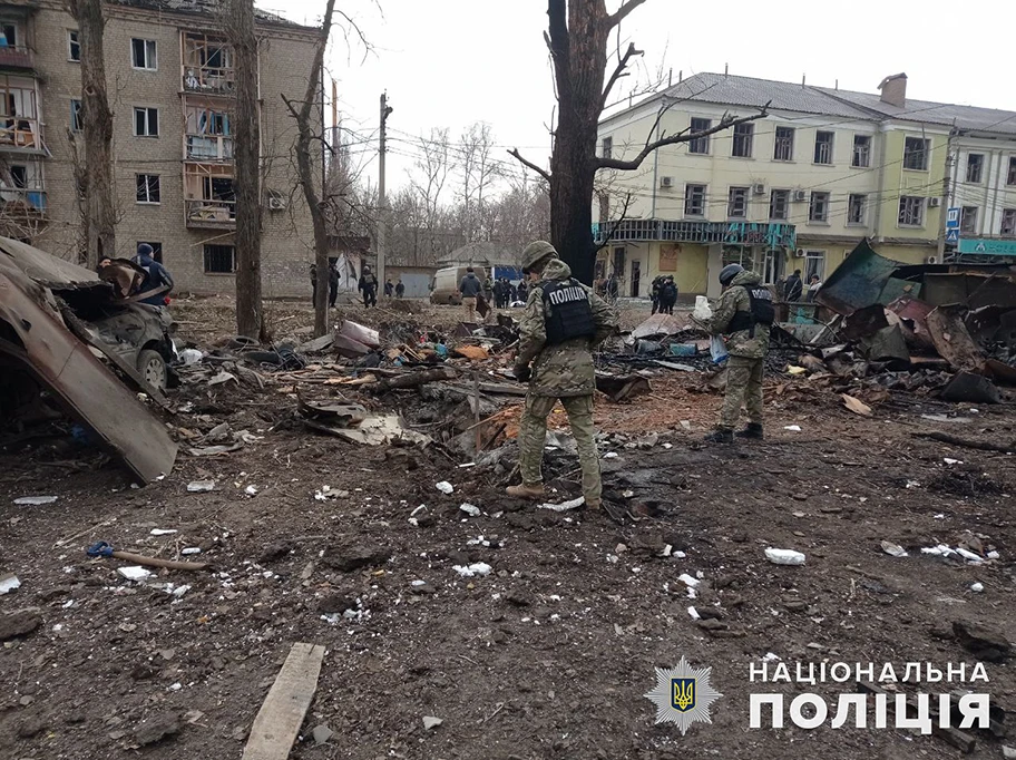 Die Stadt Kostjantyniwka (in der Region Donetsk) nach einem russischen Bombardment am 28. Januar 2023.