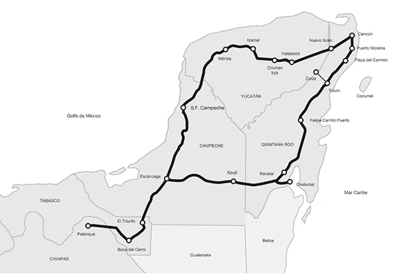 Route und Stationen des Tren Maya-Projekts.