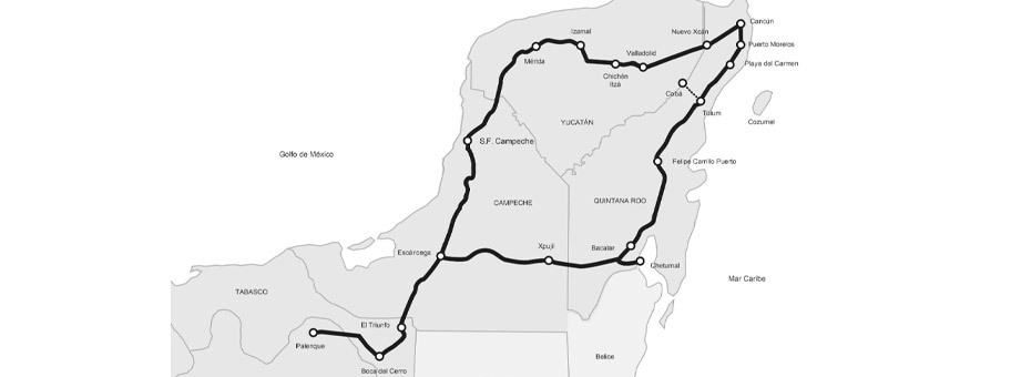 Route und Stationen des Tren Maya-Projekts.