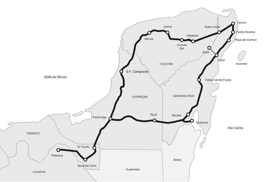 Route und Stationen des Tren Maya-Projekts.