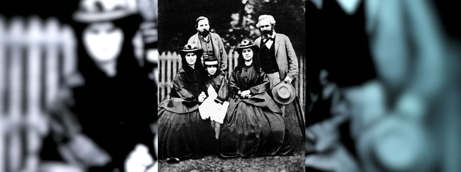 Karl Marx (recht im Bild) mit seinen Töchtern, 1860.