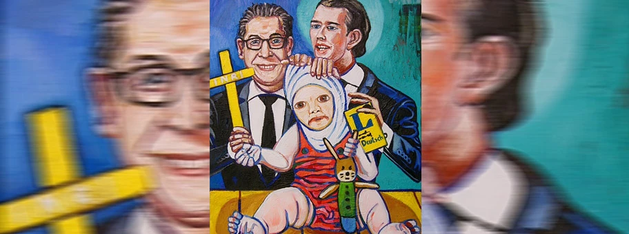 Matthias Laurenz Gräff, «Liebende Eltern», Öl auf Leinwand, 100x80 cm, 2018. Kanzler Sebastian Kurz und Vizekanzler Heinz-Christian Strache als Vormund der Bevölkerung muslimischen Glaubens.