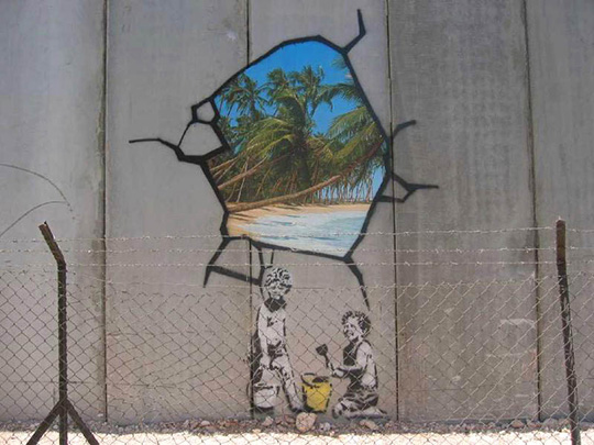 Graffiti von Banksy an der West Bank Mauer in Bethlehem, Israel.