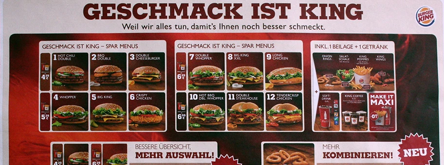 Angebote von Burger King. Auflage für Tabletts.