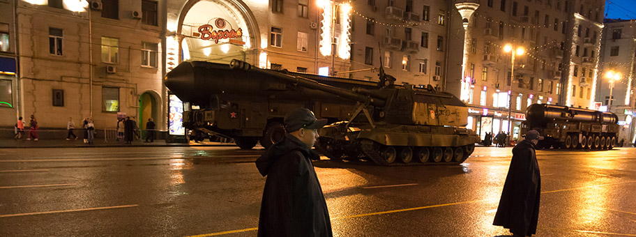 The RT-2PM2 Topol-M space intercontinental ballistic missiles, cold-launched, three-stage, solid-propellant, road-mobile intercontinental ballistic missiles with thermonuclear warheads. Rehearsal for Victory Day Military Parade in Moscow, Russia.
