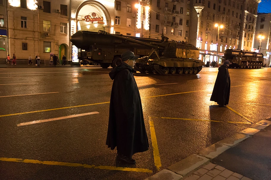 The RT-2PM2 Topol-M space intercontinental ballistic missiles, cold-launched, three-stage, solid-propellant, road-mobile intercontinental ballistic missiles with thermonuclear warheads. Rehearsal for Victory Day Military Parade in Moscow, Russia.