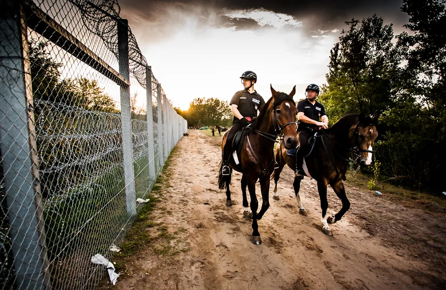 Berittene ungarische Polizei zur Kontrolle der Grenze zwischen Ungarn und Serbien am 14. September 2015.